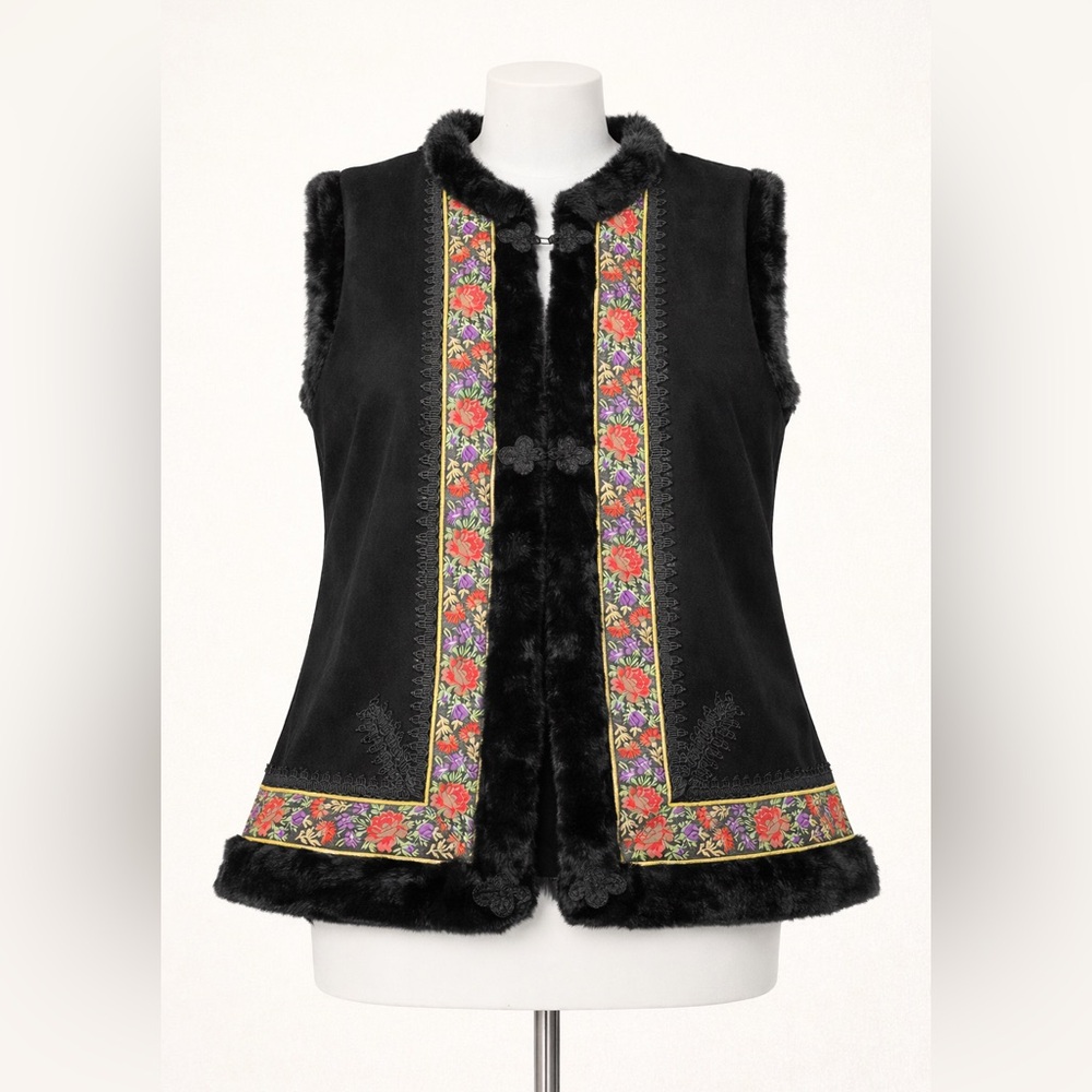 Victor Costa Occasion Ladies Black Vest Floral Trim Size 1X Suede Like